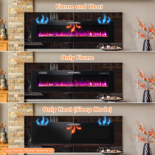 Costway 68" Ultra-Thin Electric Fireplace Recessed Wall Mounted W/Crystal Log Decoration