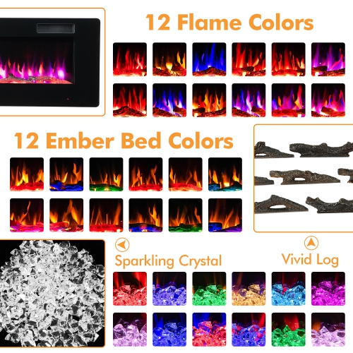 Costway 68" Ultra-Thin Electric Fireplace Recessed Wall Mounted W/Crystal Log Decoration