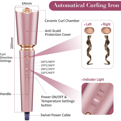 Zhibai Auto Shut-Off Beach Waves Culing Wand with 1''Ceramic Barrel, Fast Heating for Lasting Hair Culer Styling Tool-Pink