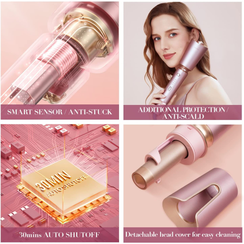 Zhibai Auto Shut-Off Beach Waves Culing Wand with 1''Ceramic Barrel, Fast Heating for Lasting Hair Culer Styling Tool-Pink