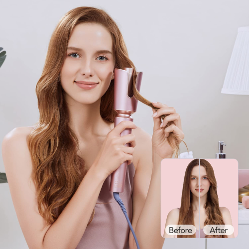 Zhibai Auto Shut-Off Beach Waves Culing Wand with 1''Ceramic Barrel, Fast Heating for Lasting Hair Culer Styling Tool-Pink