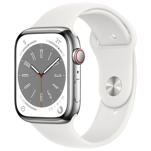 Remis à neuf - Apple Watch Series 8 (GPS + connectivité cellulaire) avec boîtier 45&nbsp;mm en acier inoxydable argenté et bracelet sport blanc -