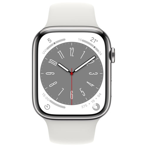 Remis à neuf - Apple Watch Series 8 (GPS + connectivité cellulaire) avec boîtier 45 mm en acier inoxydable argenté et bracelet sport blanc -