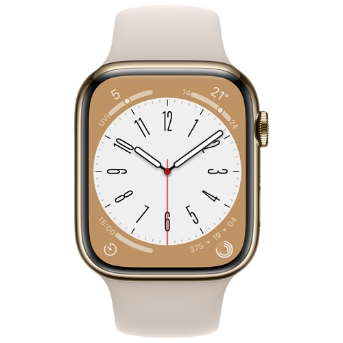 Refurbished - Apple Watch Series 8 (GPS + Cellular) 45mm Gold Stainless Steel Case with Starlight Sport Band - Medium / Large