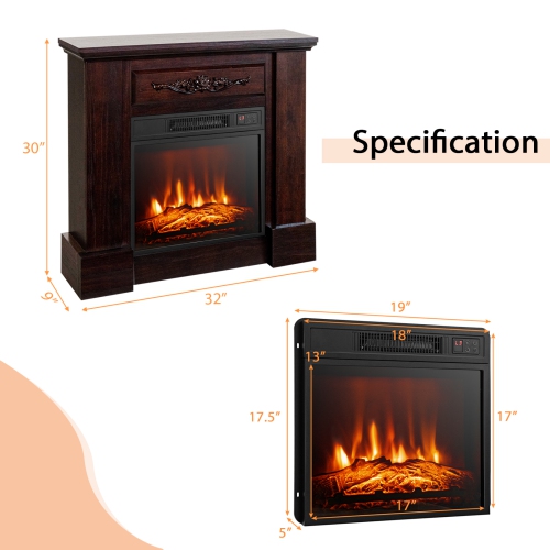 Costway 32" Electric Fireplace Mantel TV Stand Space Heater w/Remote Control 1400W