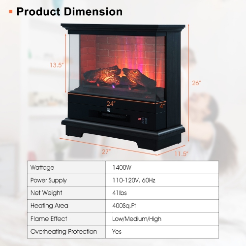 Costway 27" Freestanding Electric Fireplace Heater w/ 3-Level Flame Thermostat White
