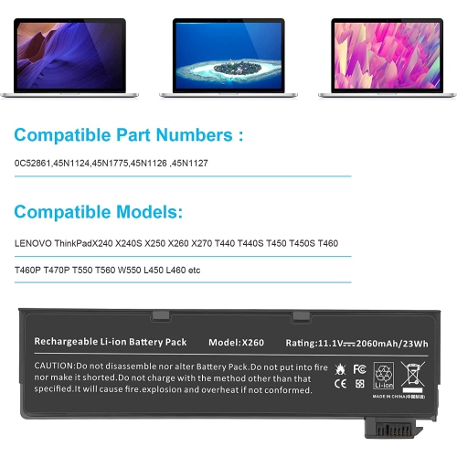 11.1V 24Wh X260 Laptop Battery Replacement for Lenovo ThinkPad X240 X250 X270 L450 L460 L470 T440s T450s T460P T560 P50S W550s P/N 0C52861 0C52862