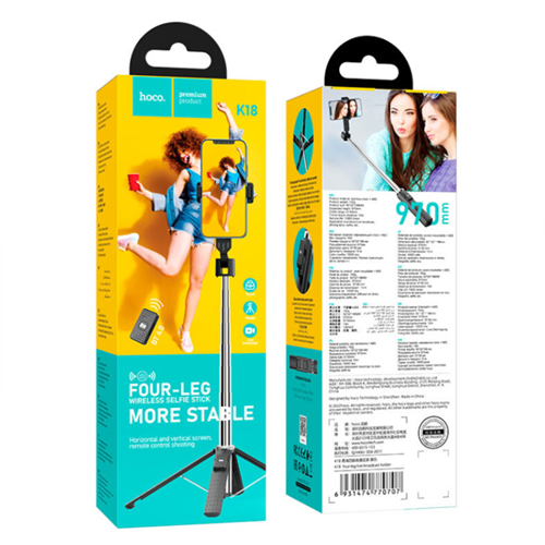 Perche à égoportrait sans fil à quatre pattes K18 de Hoco pour diffusion en direct, noir