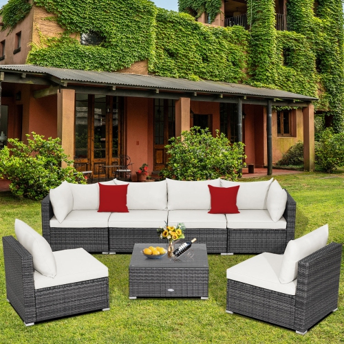 GYMAX  7PCs Patio Rattan Sectional Sofa Set Outdoor Furniture Set W/ Cushions