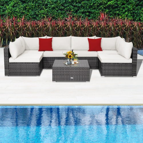 Gymax 7PCS Patio Rattan Sectional Sofa Set Outdoor Furniture Set w/ Cushions
