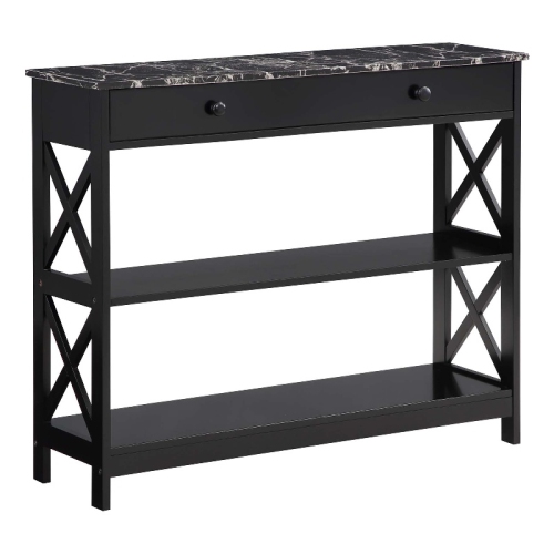 Oxford One-Drawer Console Table with Shelves in Black Wood and Faux Marble Top