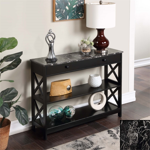 Oxford One-Drawer Console Table with Shelves in Black Wood and Faux Marble Top