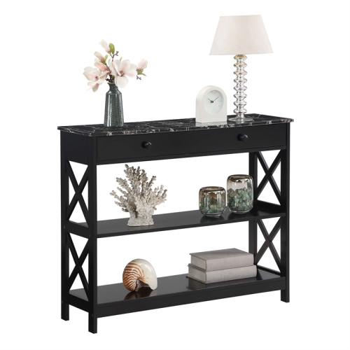 Oxford One-Drawer Console Table with Shelves in Black Wood and Faux Marble Top