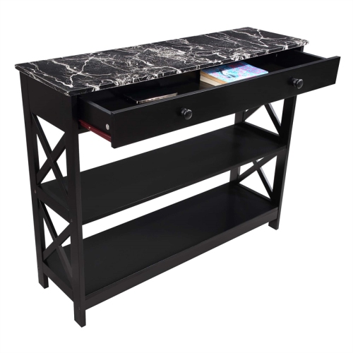 Oxford One-Drawer Console Table with Shelves in Black Wood and Faux Marble Top