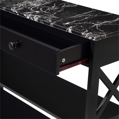 Oxford One-Drawer Console Table with Shelves in Black Wood and Faux Marble Top
