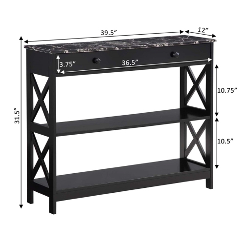 Oxford One-Drawer Console Table with Shelves in Black Wood and Faux Marble Top