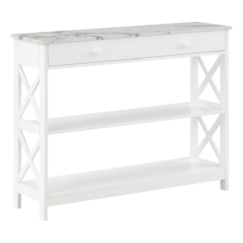 Oxford One-Drawer Console Table with Shelves in White Wood with Faux Marble Top