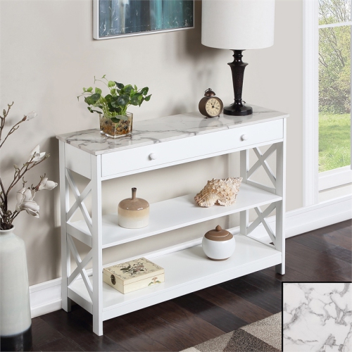 Oxford One-Drawer Console Table with Shelves in White Wood with Faux Marble Top