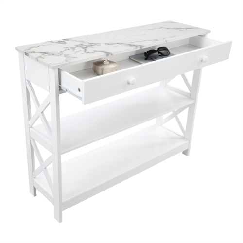 Oxford One-Drawer Console Table with Shelves in White Wood with Faux Marble Top