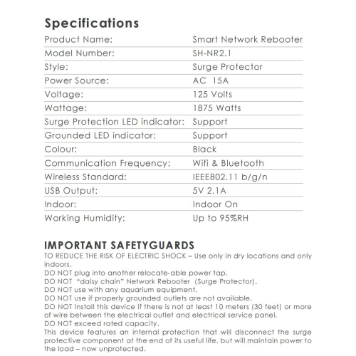 SmartH smart network Rebooter (SH-NR 2.1)- Remotely reboot your modem,4 smart outlets ,2 USB Charging ports