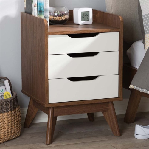 Baxton Studio Brighton 3 Drawer Nightstand in White and Walnut