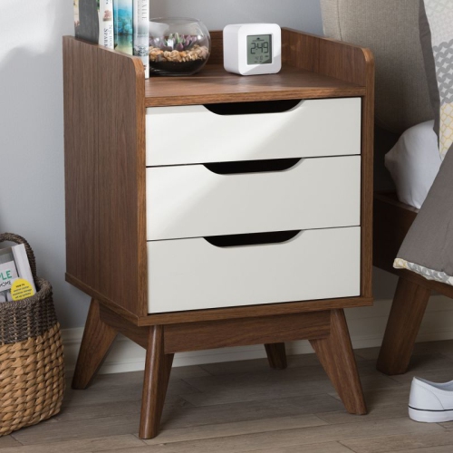 Baxton Studio Brighton 3 Drawer Nightstand in White and Walnut