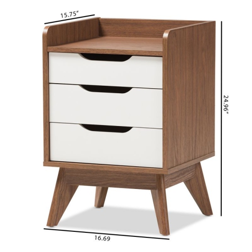 Baxton Studio Brighton 3 Drawer Nightstand in White and Walnut