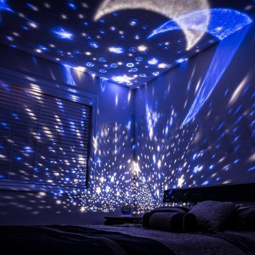 Star Night Light for Kids, Moon and Star Projector 360 Degree Rotation - 4 LED Bulbs 9 Light Color Changing with USB Cable.