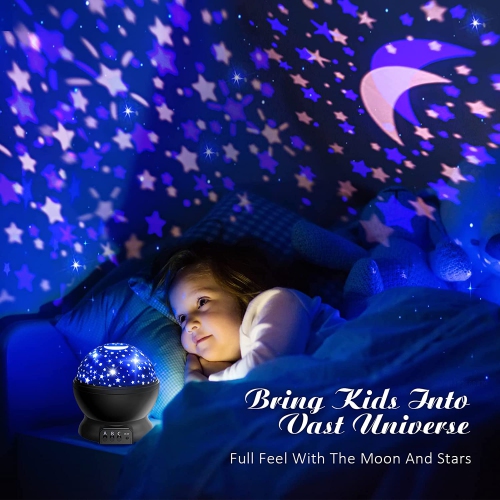Star Night Light for Kids, Moon and Star Projector 360 Degree Rotation - 4 LED Bulbs 9 Light Color Changing with USB Cable.