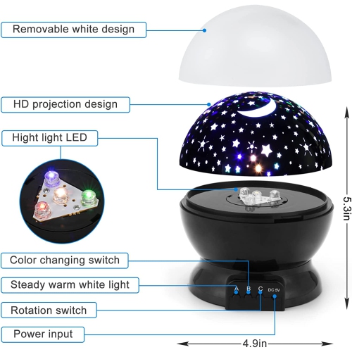 Star Night Light for Kids, Moon and Star Projector 360 Degree Rotation - 4 LED Bulbs 9 Light Color Changing with USB Cable.