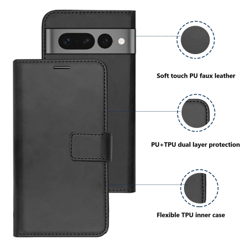XCRS Portefeuille Folio Premium en cuir PU pour Google Pixel 7 Pro, étui avec fente pour carte magnétique, protection à 360° et étui mobile avec