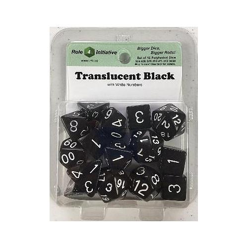 Jeu de 15 dés Initiative Role 4 : Noir translucide avec chiffres blancs