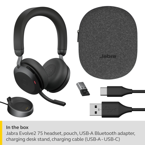 Jabra Evolve2 75 On-Ear Active Noise Cancelling Truly Wireless Bluetooth 5.2 Headsets with Mic