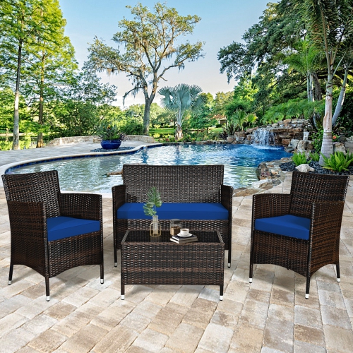 GYMAX  4PCs Patio Rattan Conversation Furniture Set Outdoor W/ Cushion In Navy