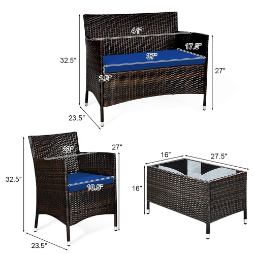 Gymax 4PCS Patio Rattan Conversation Furniture Set Outdoor w/ Navy Cushion