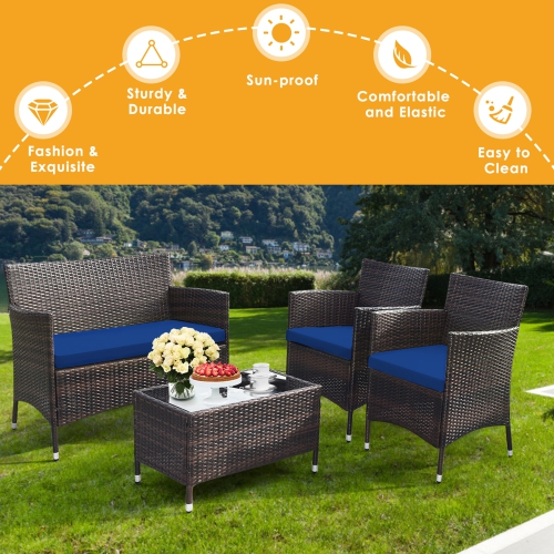 Gymax 4PCS Patio Rattan Conversation Furniture Set Outdoor w/ Navy Cushion