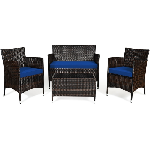 Gymax 4PCS Patio Rattan Conversation Furniture Set Outdoor w/ Navy Cushion