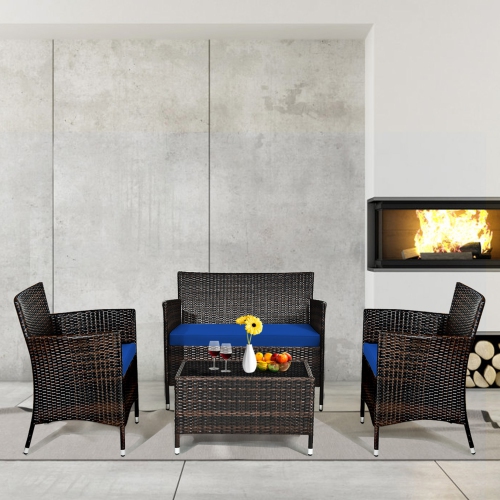 Gymax 8PCS Patio Rattan Conversation Furniture Set Outdoor w/ Navy Cushion