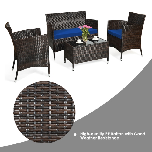 Gymax 8PCS Patio Rattan Conversation Furniture Set Outdoor w/ Navy Cushion