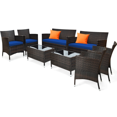 Gymax 8PCS Patio Rattan Conversation Furniture Set Outdoor w/ Navy Cushion