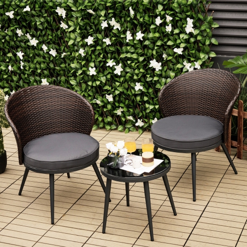 GYMAX  3PCs Rattan Patio Bistro Set Outdoor Conversation Furniture Set W/ Seat Cushions