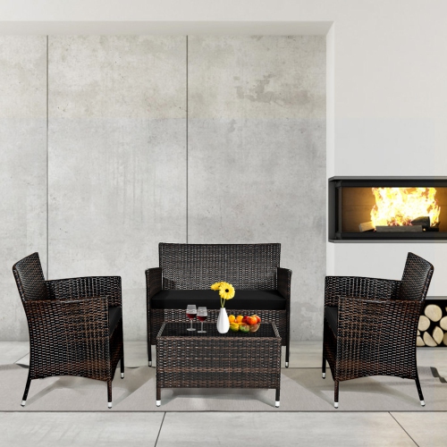 Gymax 8PCS Patio Rattan Conversation Furniture Set Outdoor w/ Black Cushion