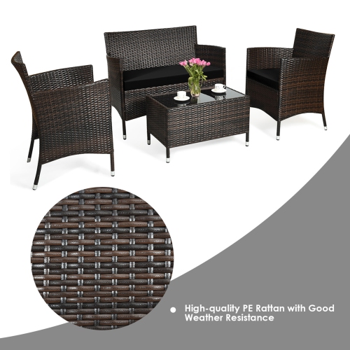 Gymax 8PCS Patio Rattan Conversation Furniture Set Outdoor w/ Black Cushion