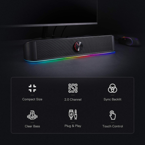 Redragon GS560 Adiemus RGB Desktop Soundbar, 2.0 Channel Computer Speaker with Dynamic Lighting Bar Audio-Light Sync/Display, Touch-Control Backlit
