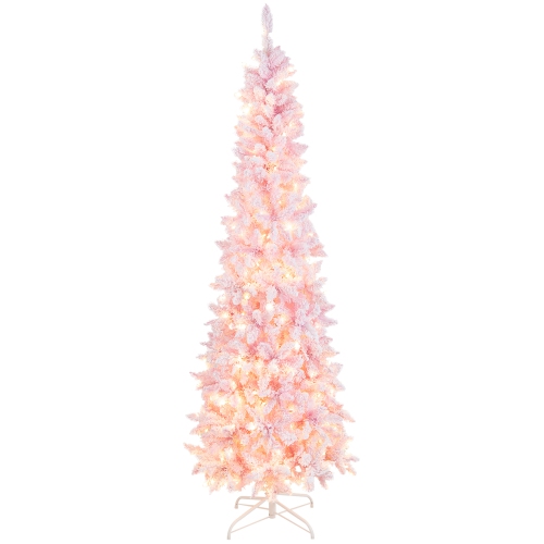 Costway 7FT Pre-Lit Snow Flocked Hinged Pencil Christmas Tree w/ 300 Lights & 8 Modes