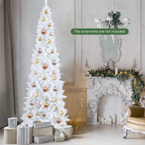 Costway 7FT Pre-Lit Hinged Pencil Christmas Tree White w/ 300 LED Lights & 8 Flash Modes