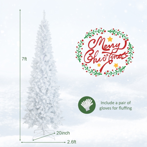 Costway 7FT Pre-Lit Hinged Pencil Christmas Tree White w/ 300 LED Lights & 8 Flash Modes