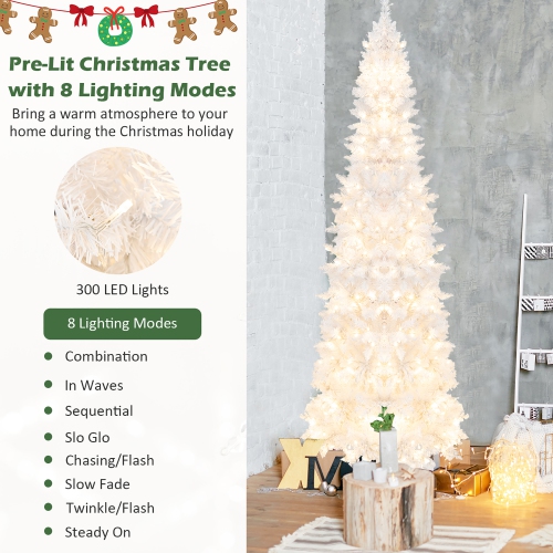 Costway 7FT Pre-Lit Hinged Pencil Christmas Tree White w/ 300 LED Lights & 8 Flash Modes