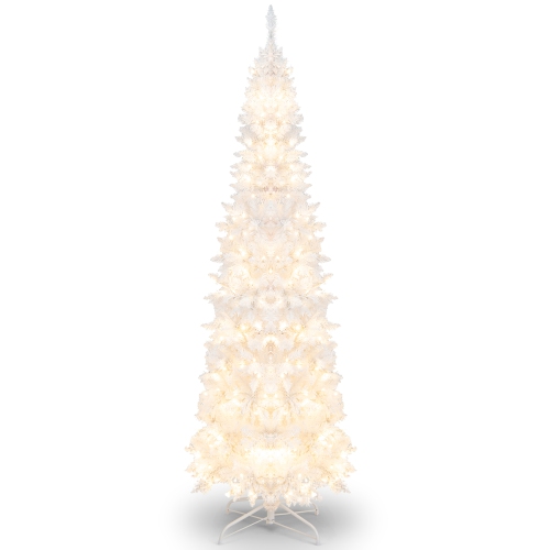 Costway 7FT Pre-Lit Hinged Pencil Christmas Tree White w/ 300 LED Lights & 8 Flash Modes