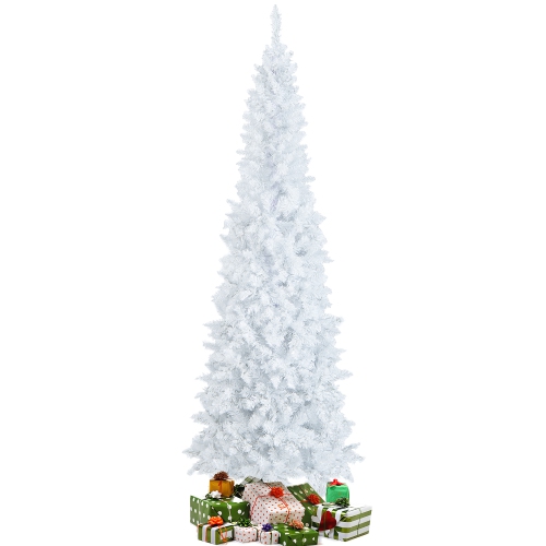 Costway 7FT Pre-Lit Hinged Pencil Christmas Tree White w/ 300 LED Lights & 8 Flash Modes